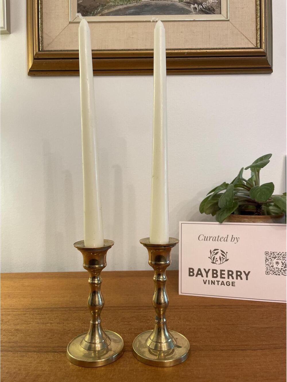 Pair Brass Taper Candlestick Holders Made in India INDX Vintage Set of 2